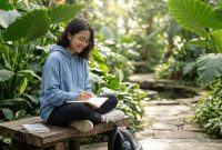 Pelajar rileks di taman sedang melakukan istirahat mental untuk mengatasi burnout belajar.