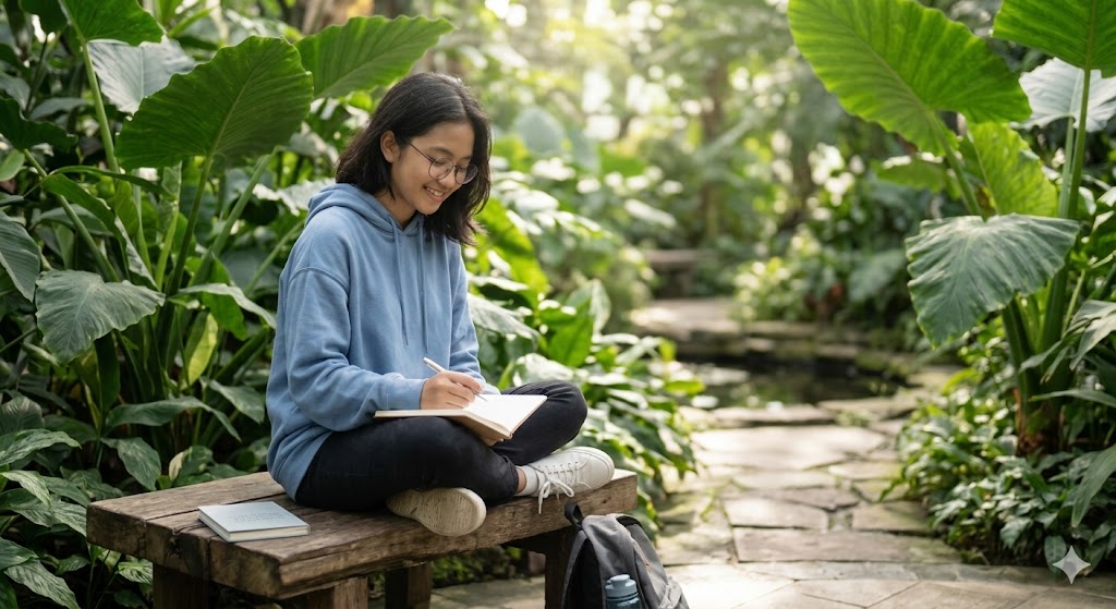 Pelajar rileks di taman sedang melakukan istirahat mental untuk mengatasi burnout belajar.