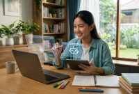 Ilustrasi seorang pelajar berinteraksi dengan asisten AI holografik untuk belajar efektif.