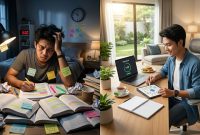 Ilustrasi perbandingan antara pelajar yang stres begadang (kiri) dan pelajar yang rileks belajar cerdas (kanan)