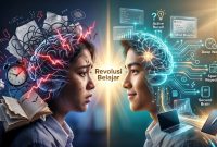 Ilustrasi transformasi otak seorang pelajar yang sebelumnya berantakan dan penuh beban menjadi terorganisir, bercahaya, dan terkoneksi digital.