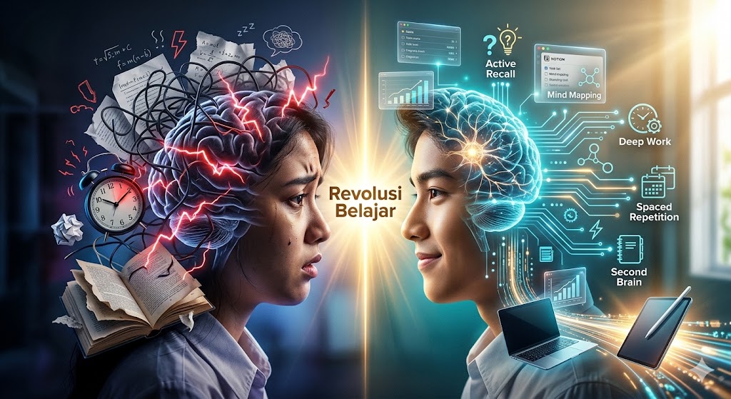 Ilustrasi transformasi otak seorang pelajar yang sebelumnya berantakan dan penuh beban menjadi terorganisir, bercahaya, dan terkoneksi digital.