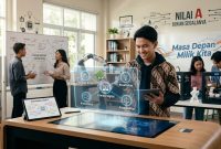 Ilustrasi seorang pelajar Indonesia menggunakan teknologi holografik berkolaborasi dengan teman-teman di makerspace modern.