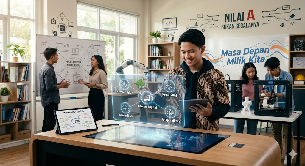 Ilustrasi seorang pelajar Indonesia menggunakan teknologi holografik berkolaborasi dengan teman-teman di makerspace modern.