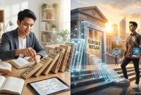 Ilustrasi seorang pelajar Indonesia memicu efek domino dari langkah kecil (membaca buku, fokus) menuju kesuksesan besar di masa depan dengan gateway universitas dan karier.