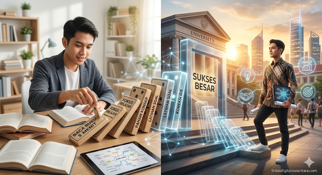 Ilustrasi seorang pelajar Indonesia memicu efek domino dari langkah kecil (membaca buku, fokus) menuju kesuksesan besar di masa depan dengan gateway universitas dan karier.