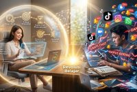 Ilustrasi perbandingan antara seorang pelajar yang berada di dalam 'kapsul fokus' yang tenang dan bercahaya (kiri) dan pelajar yang stres dikepung badai distraksi digital (kanan).