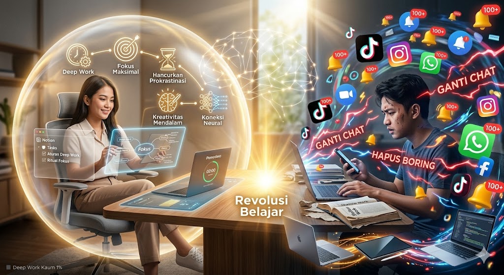 Ilustrasi perbandingan antara seorang pelajar yang berada di dalam 'kapsul fokus' yang tenang dan bercahaya (kiri) dan pelajar yang stres dikepung badai distraksi digital (kanan).