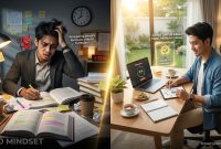 Ilustrasi perbandingan antara seorang pelajar yang stres dengan Fixed Mindset (kiri) dan pelajar yang rileks belajar dengan Growth Mindset (kanan) yang menghasilkan gateway universitas dan karier.