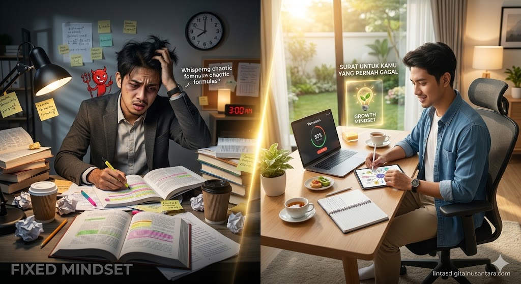 Ilustrasi perbandingan antara seorang pelajar yang stres dengan Fixed Mindset (kiri) dan pelajar yang rileks belajar dengan Growth Mindset (kanan) yang menghasilkan gateway universitas dan karier.