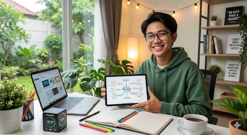 Pelajar rileks sedang menggunakan metode belajar cerdas Pomodoro untuk meningkatkan fokus.